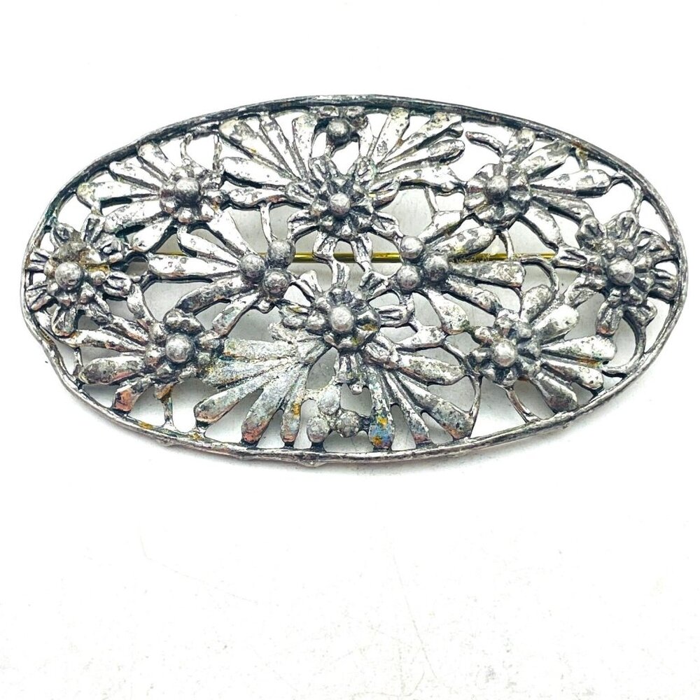 Oval Floral Bouquet Brooch Silver Tone Nature Botanical Garden Trees Flowers